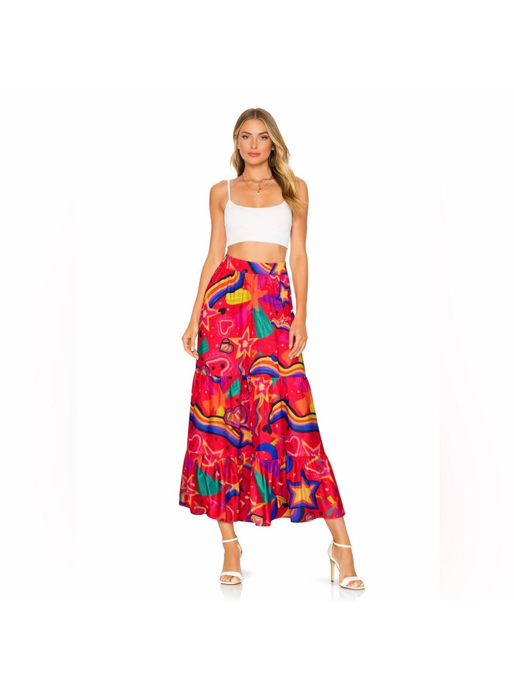 Alden Adair Rainbow Star Print Midi Skirt Small Colorful Festival Boho Dopamine
